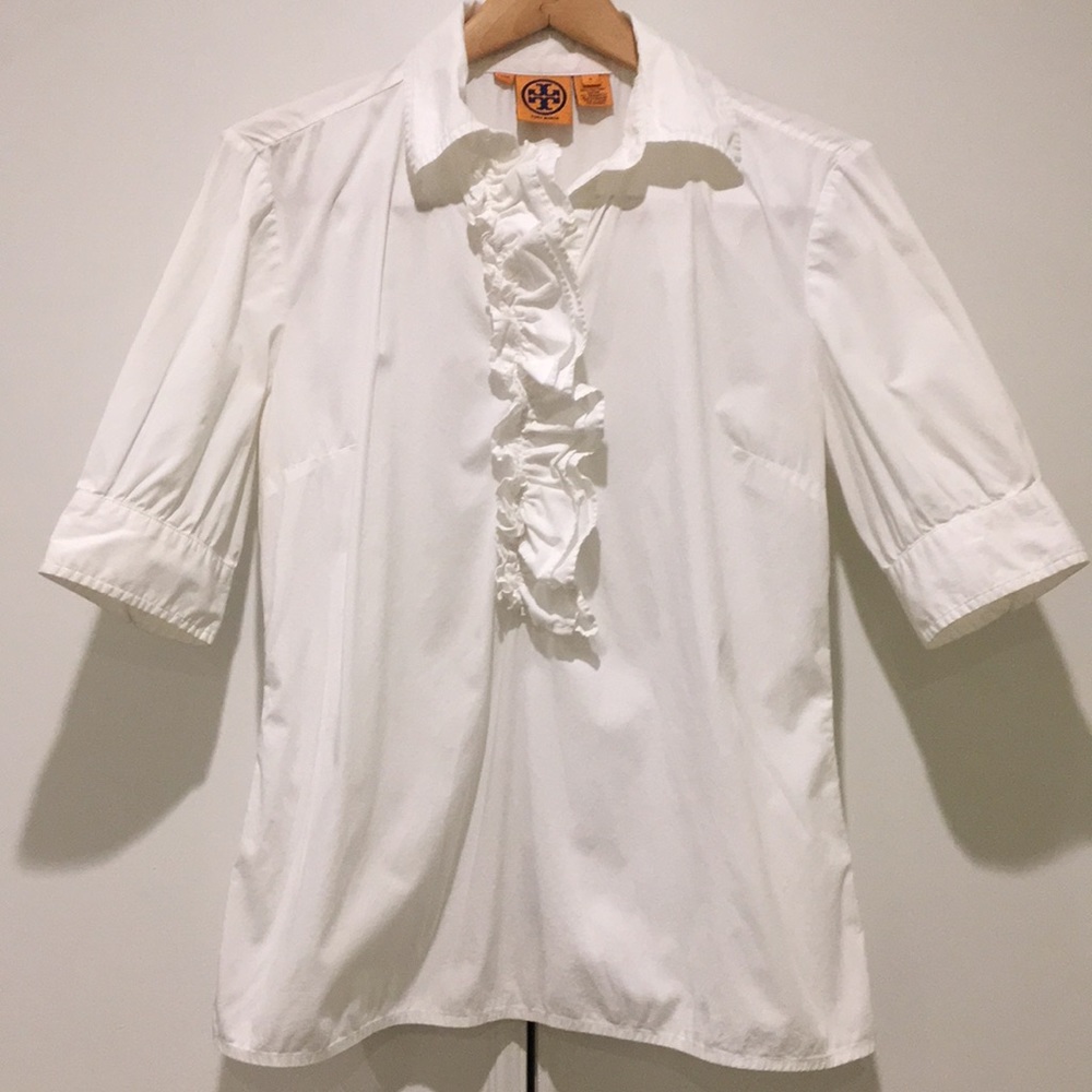 🌹🎁🌹 TORY BURCH White Ruffle Button 1/2 Sleeve Blouse 🌹🎁🌹